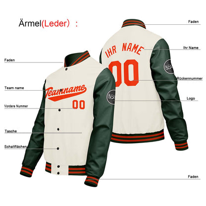Maßgeschneiderte Creme Weiß Grün Letterman Varsity Jacket Individuelle Stickerei Druck nach Ihrem Wunsch