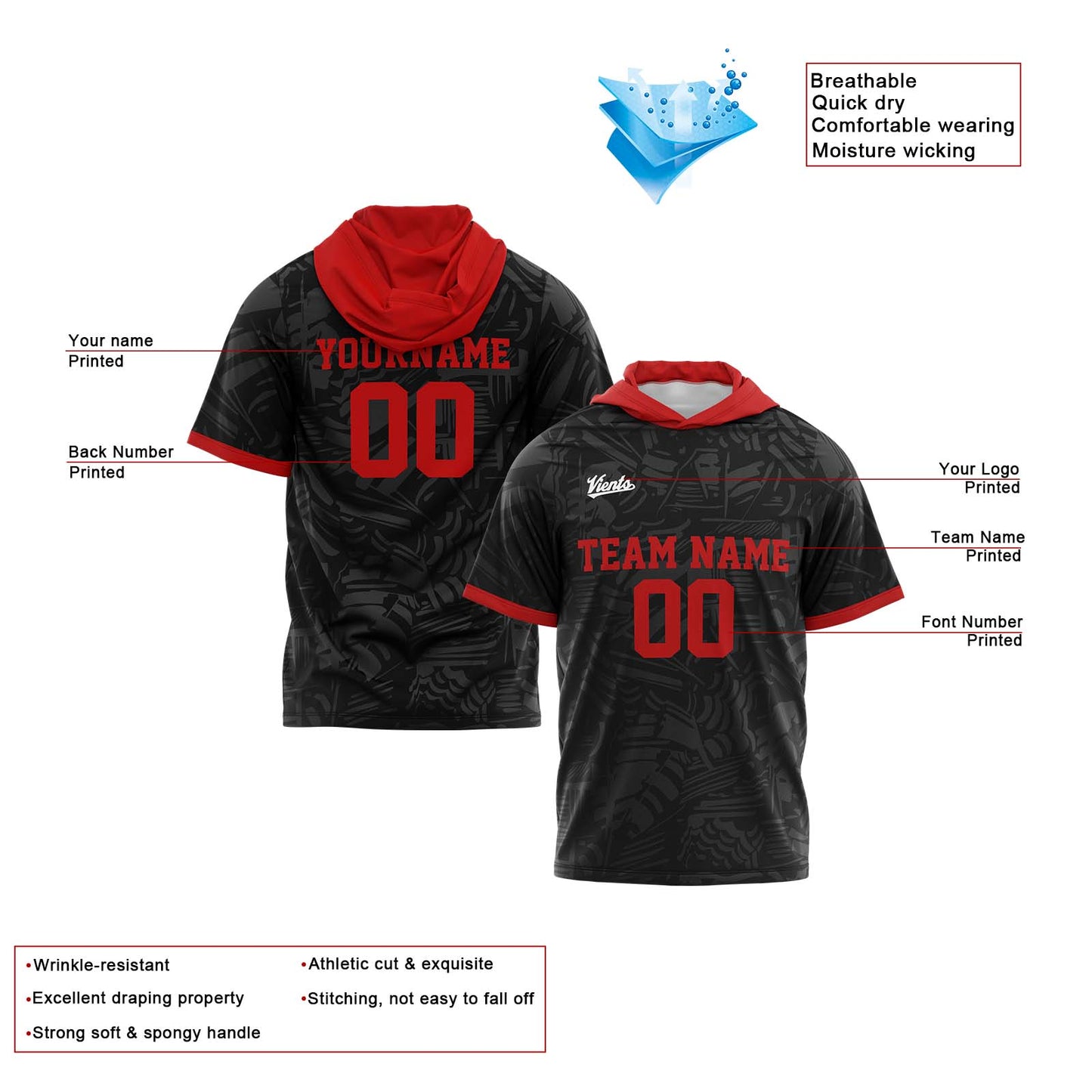 Benutzerdefinierte Schwarz Rot Kurzarm-Kapuzenpullover für Männer Frauen Hemden mit Kapuzen gedruckt Name Logo