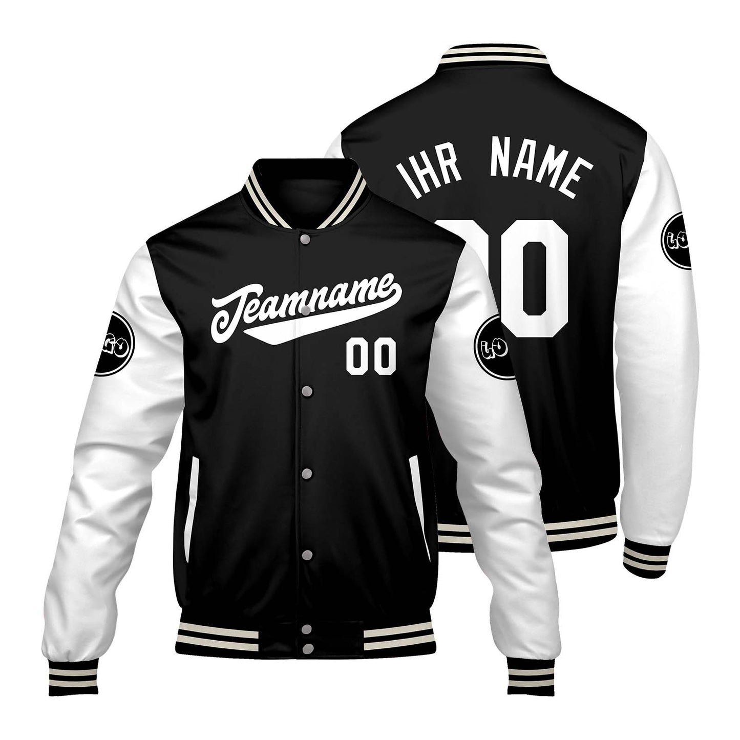 Maßgeschneiderte Schwarz Weiß Letterman Varsity Jacket Individuelle Stickerei Druck nach Ihrem Wunsch