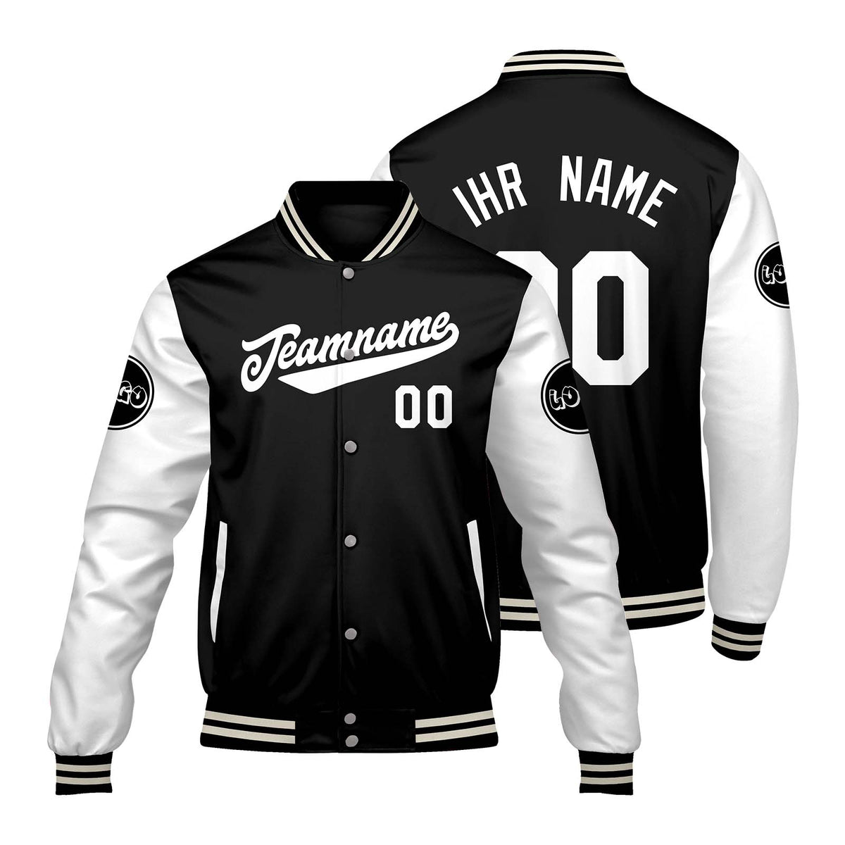 Maßgeschneiderte Schwarz Weiß Letterman Varsity Jacket Individuelle Stickerei Druck nach Ihrem Wunsch