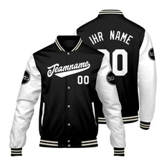 Maßgeschneiderte Schwarz Weiß Letterman Varsity Jacket Individuelle Stickerei Druck nach Ihrem Wunsch