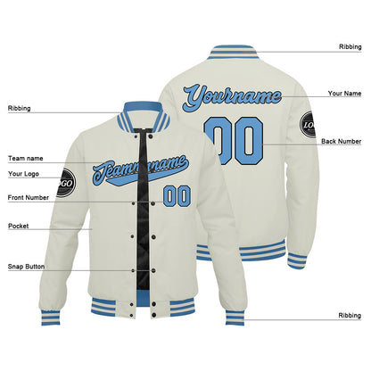 Benutzerdefinierte Verlauf Varsity-Jacke. Letterman-Jacke Creme Hellblau