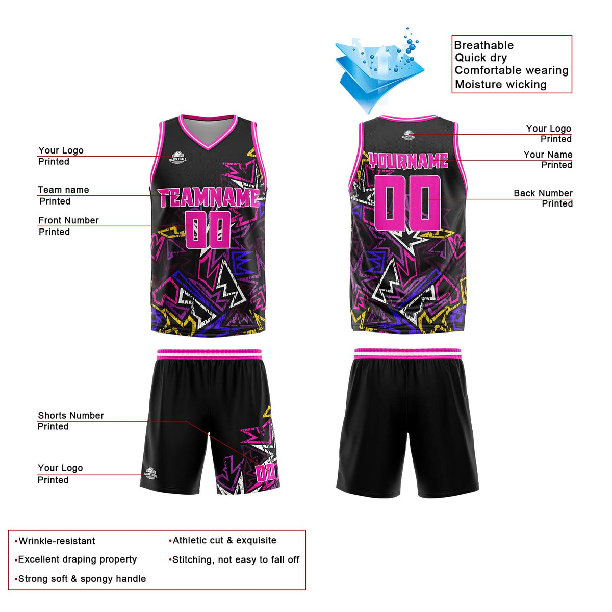 Benutzerdefinierte Rosa Reversible Basketball Jersey Personalisierte Print Name Nummer Logo