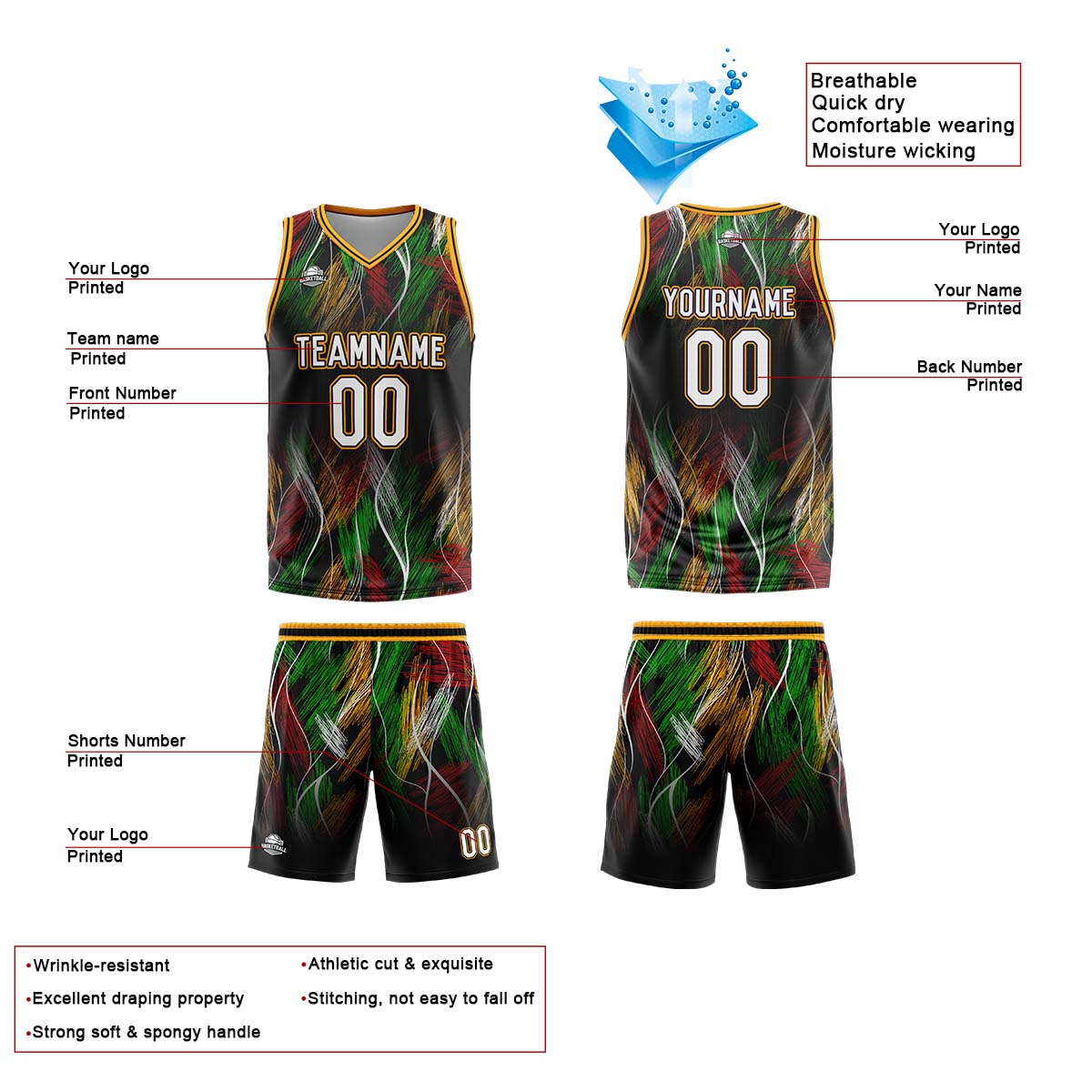 Benutzerdefinierter Schwarz Orange Basketball Jersey Uniform Anzug gedruckt Ihr Logo Name Nummer
