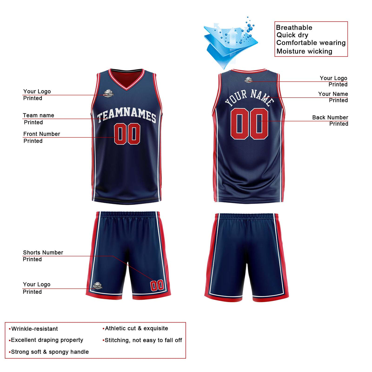 Benutzerdefinierte Marine Rot Weiß Reversible Basketball Jersey Personalisierte Print Name Nummer Logo