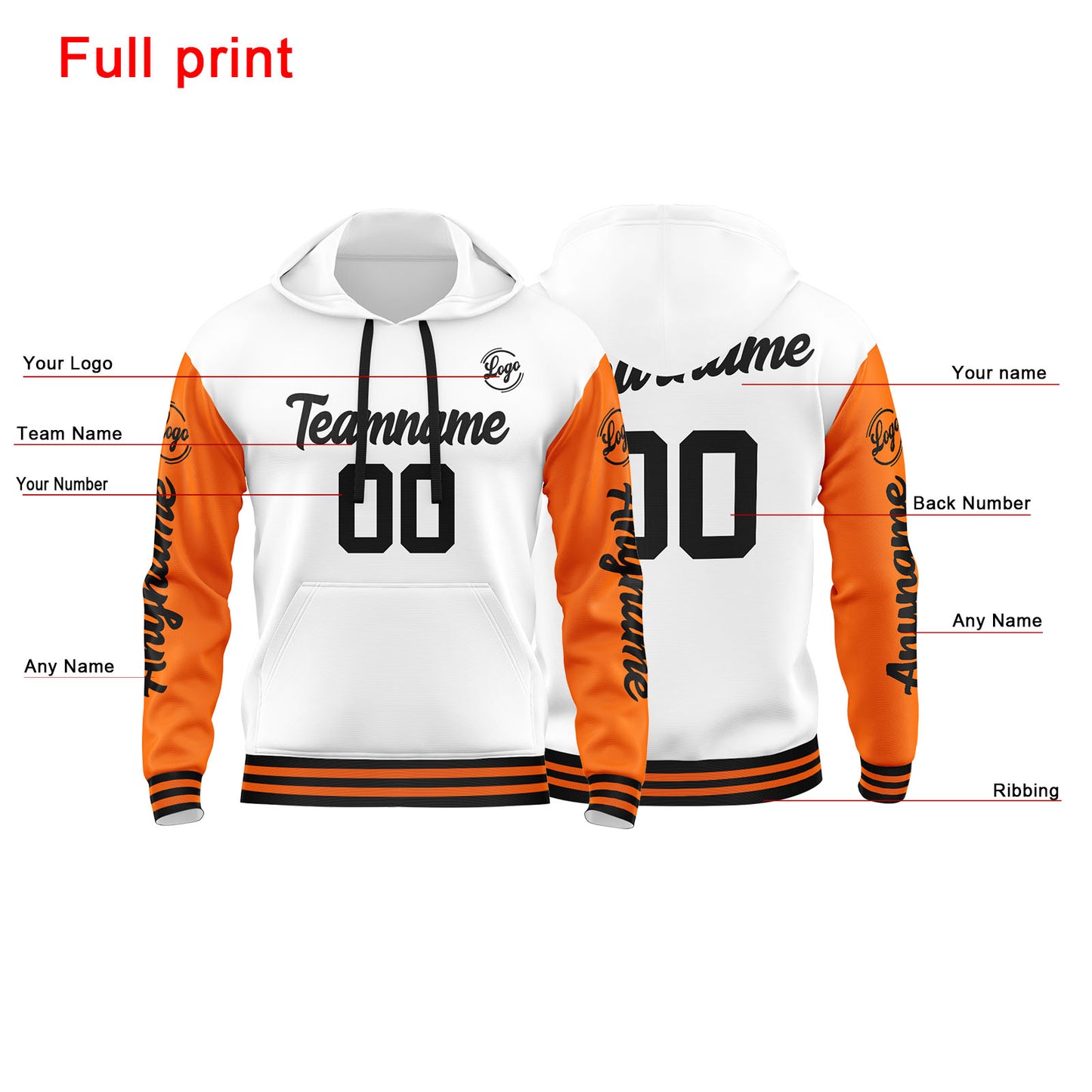 Benutzerdefinierter Orange Weiß Hoodie für Mann, Frau, Mädchen, Junge. Drucken Sie Ihr Logo, Ihren Namen und Ihre Nummer