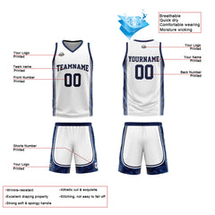 Benutzerdefinierte Weiß Dunkelblau Reversible Basketball Jersey Personalisierte Print Name Nummer Logo