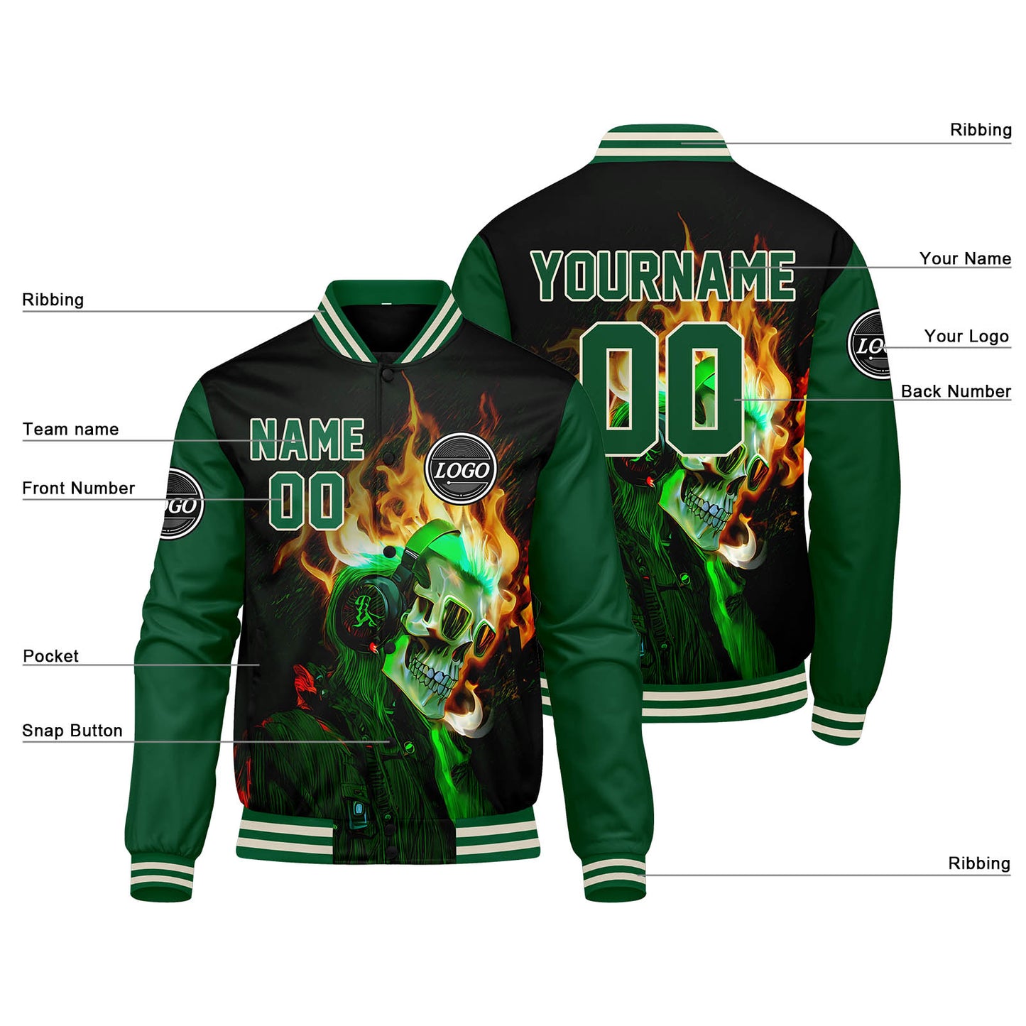 Benutzerdefinierte Verlauf Varsity-Jacke. Letterman-Jacke Grün Schwarz