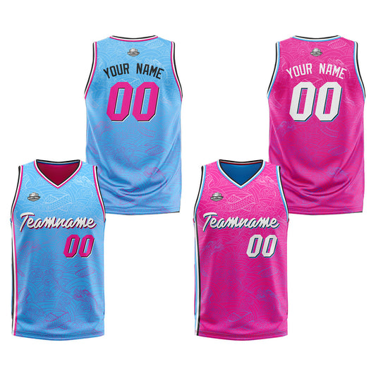 Benutzerdefinierte Reversible Basketball Jersey Personalisierte Print Name Nummer Logo Hellblau-rosa