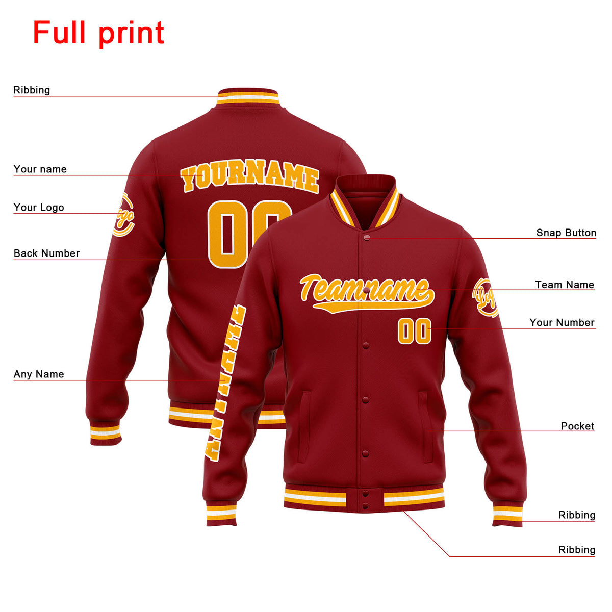 Benutzerdefinierte Varsity-Jacke. Letterman-Jacke für Männer, Frauen und Jugendliche Rot Orange