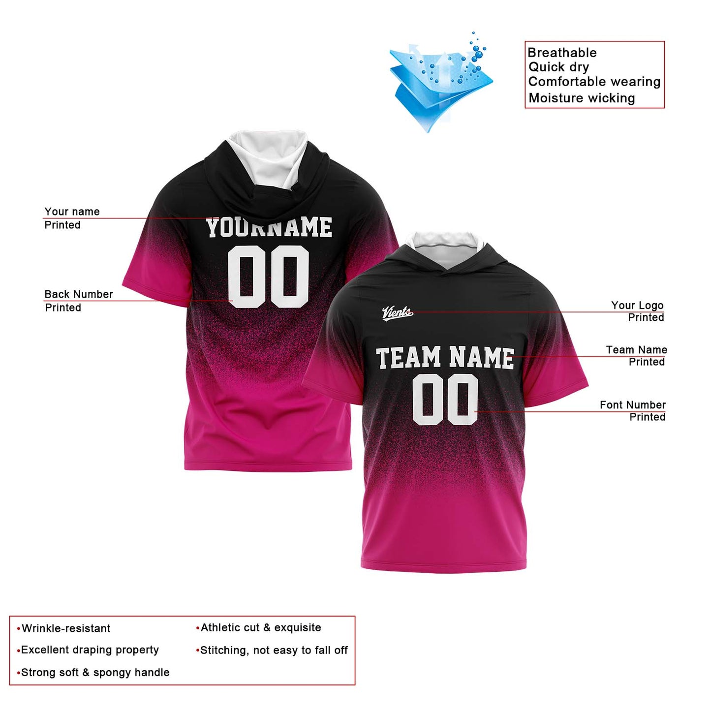 Benutzerdefinierte Schwarz Rosa Kurzarm-Kapuzenpullover für Männer Frauen Hemden mit Kapuzen gedruckt Name Logo