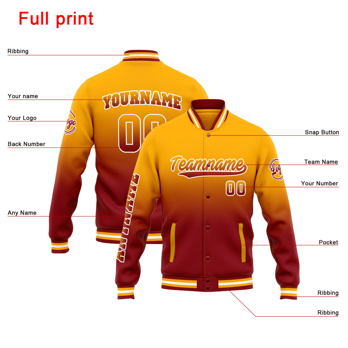 Benutzerdefinierte Varsity-Jacke. Letterman-Jacke für Männer, Frauen und Jugendliche Orange Rot Verlauf