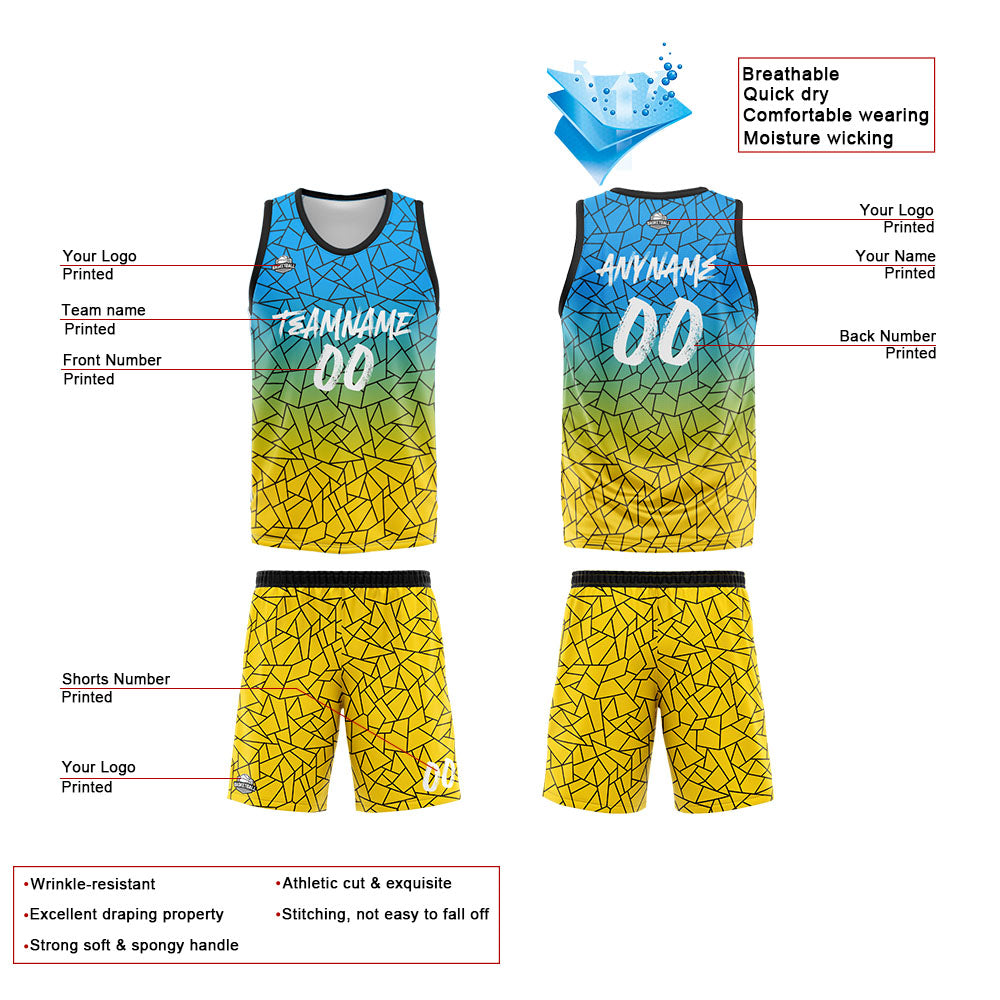 Benutzerdefinierte Reversible Basketball Jersey Personalisierte Print Name Nummer Logo Flaw- Hellblau&Gelb