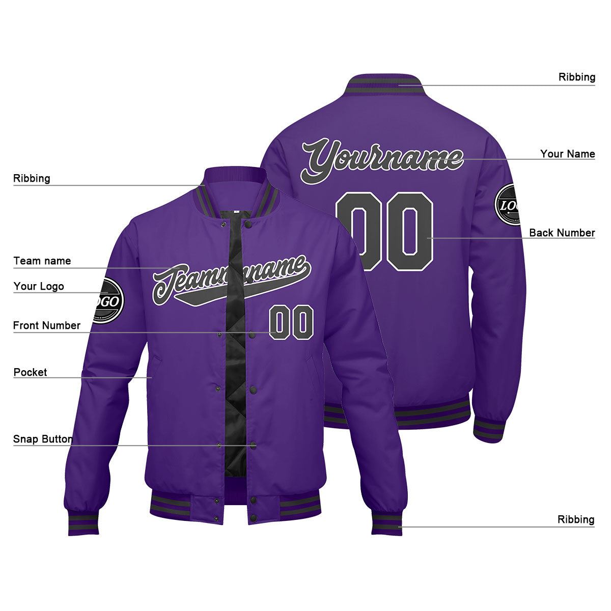 Benutzerdefinierte Verlauf Varsity-Jacke. Letterman-Jacke Lila  Grau