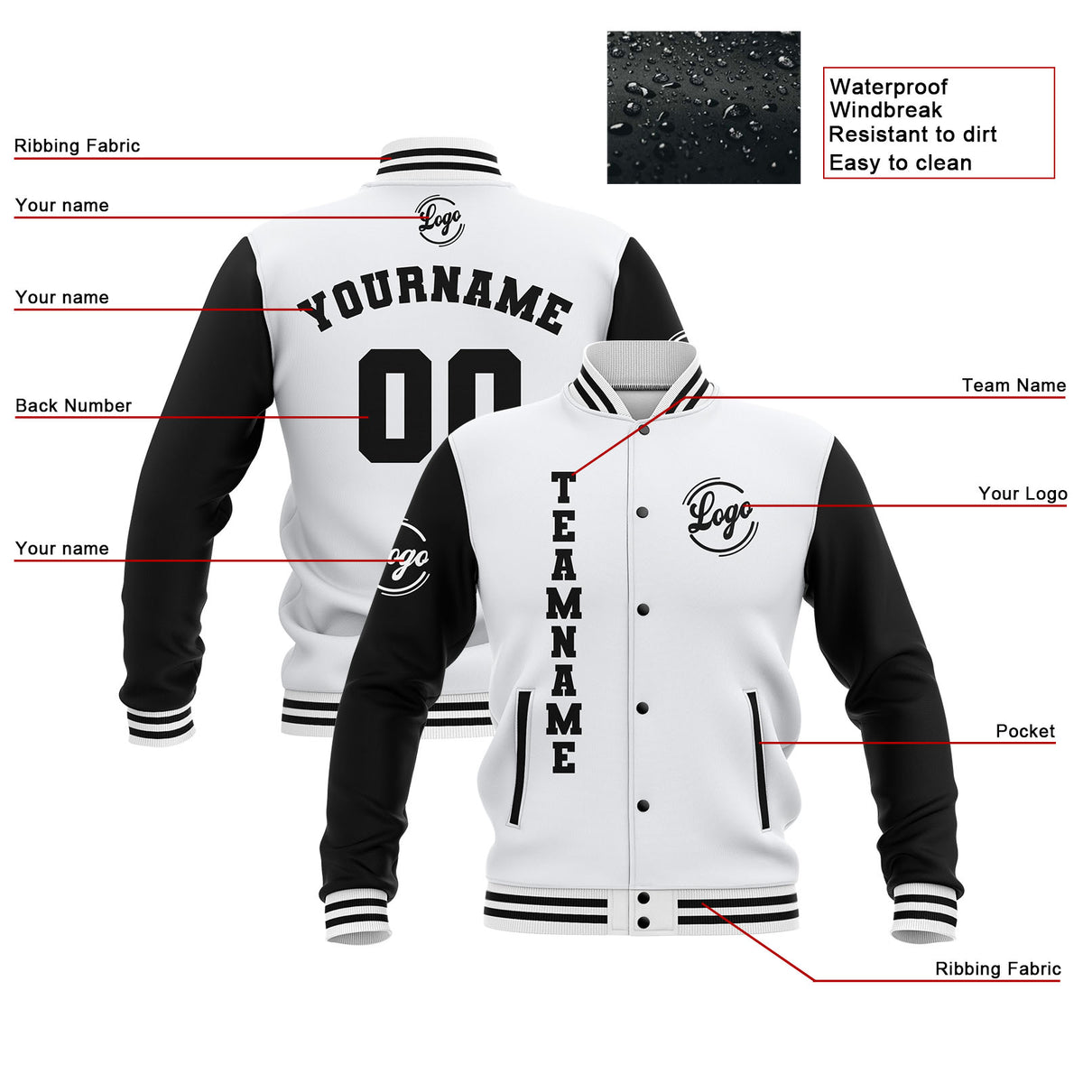 Benutzerdefiniert Weiß Schwarz Wasserdichte Varsity Jacken Personalisiert genäht Name Nummer Logo zu Letterman Jacken