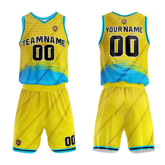Benutzerdefinierter Gelb Blau Basketball Jersey Uniform Anzug gedruckt Ihr Logo Name Nummer