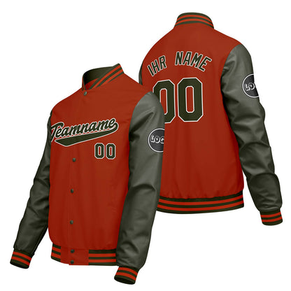 Maßgeschneiderte Orange Grün Letterman Varsity Jacket Individuelle Stickerei Druck nach Ihrem Wunsch