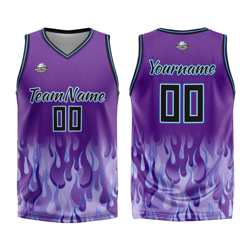 Benutzerdefinierter Basketball Jersey Uniform Anzug gedruckt Ihr Logo Name Nummer Lila Flamme