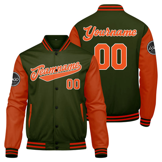 Benutzerdefinierte Verlauf Varsity-Jacke. Letterman-Jacke Olivgrün Orange