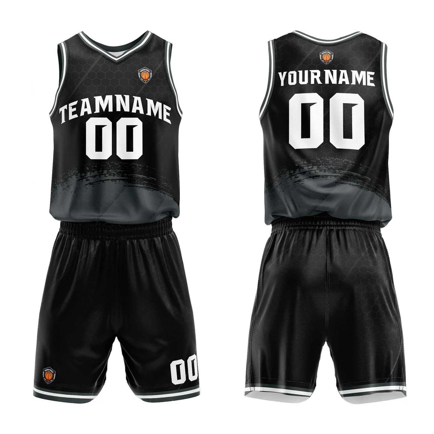 Benutzerdefinierter Schwarz Grau Basketball Jersey Uniform Anzug gedruckt Ihr Logo Name Nummer