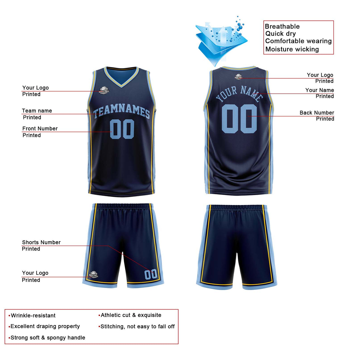 Benutzerdefinierte Marineblau Hellblau Gelb Reversible Basketball Jersey Personalisierte Print Name Nummer Logo