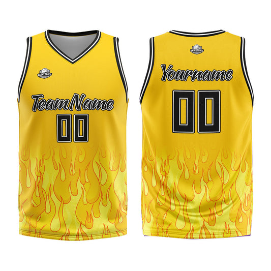 Benutzerdefinierter Basketball Jersey Uniform Anzug gedruckt Ihr Logo Name Nummer Gelbe Flamme