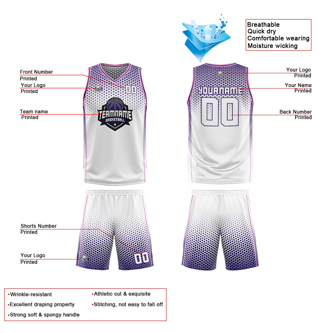 Benutzerdefinierte Weiß Lila Rosa Reversible Basketball Jersey Personalisierte Print Name Nummer Logo