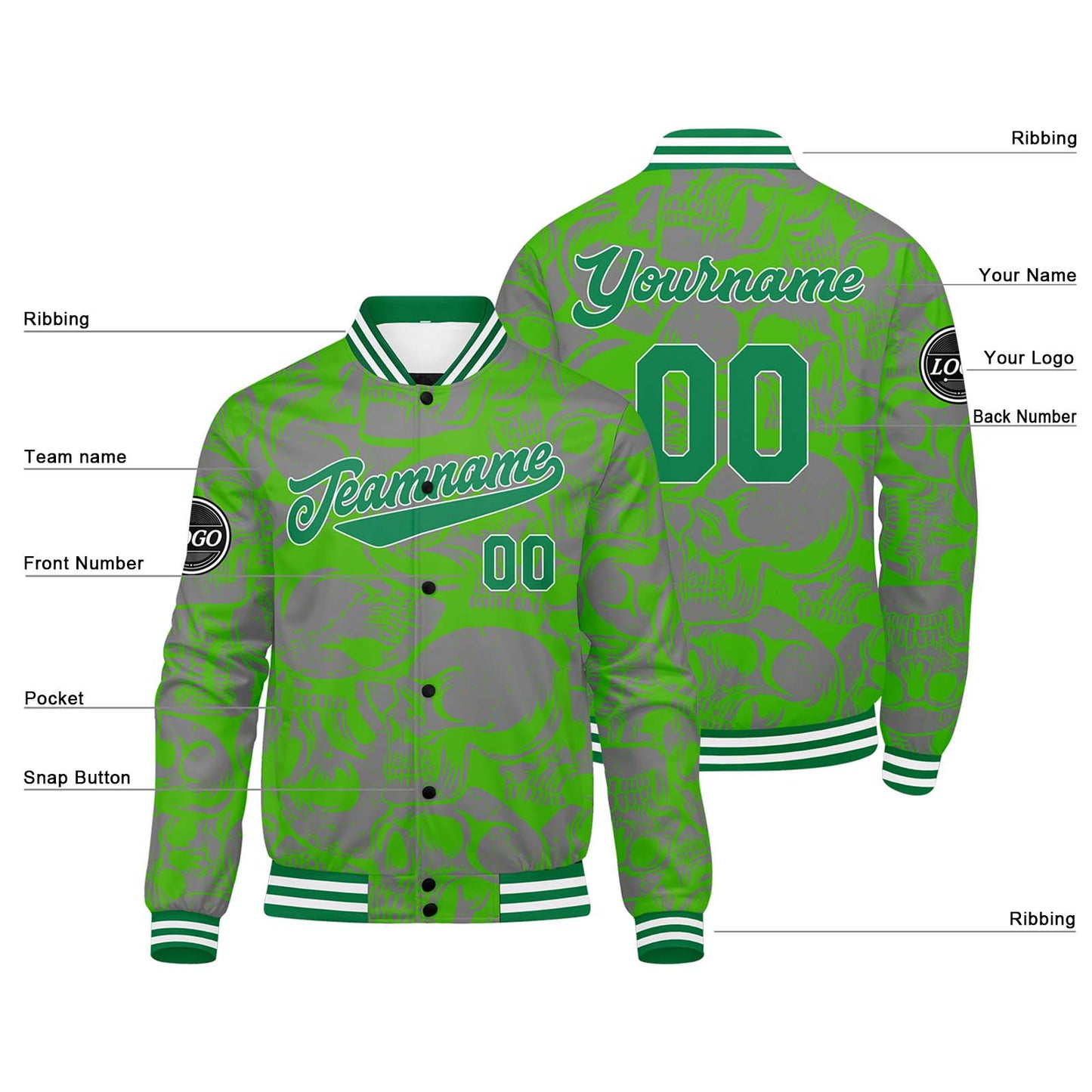 Benutzerdefinierte Grün Grau Varsity-Jacke. Letterman-Jacke für Männer, Frauen und Jugendliche