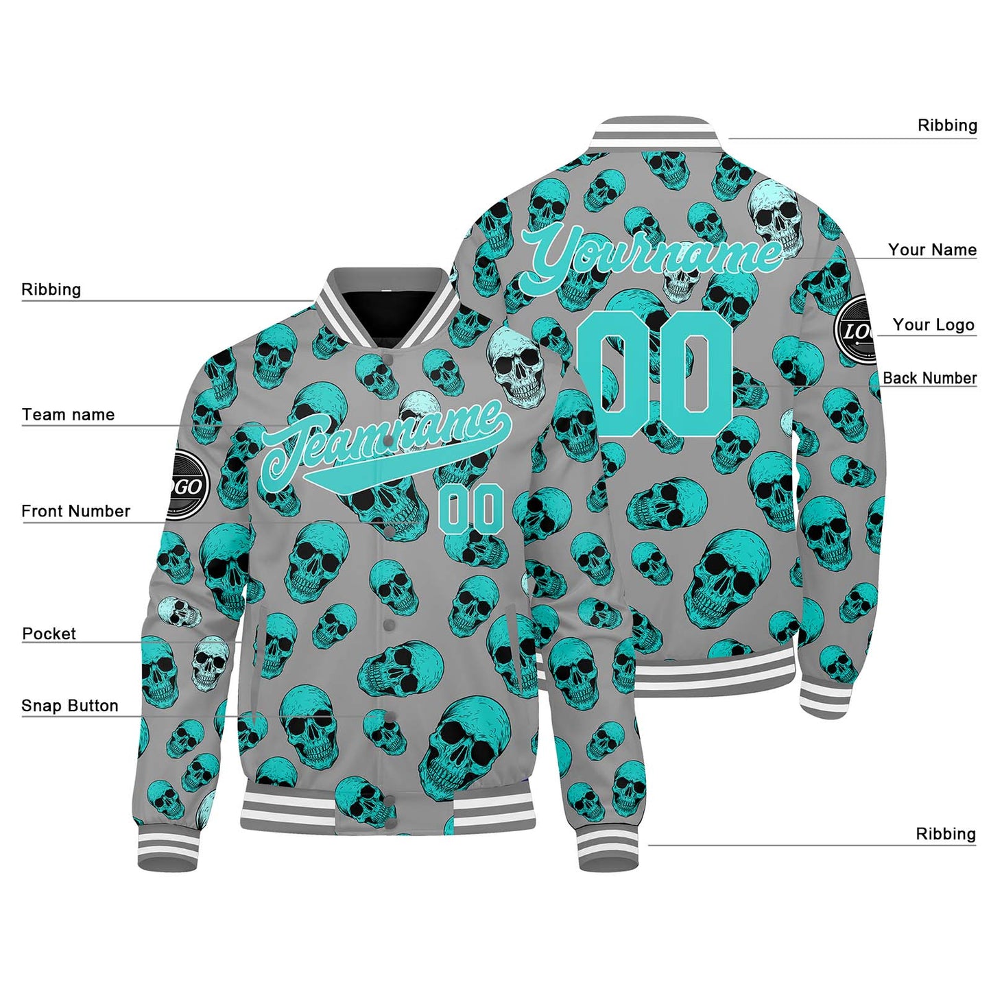 Benutzerdefinierte Cyan Varsity-Jacke. Letterman-Jacke für Männer, Frauen und Jugendliche