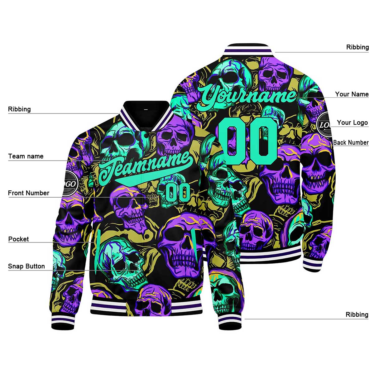 Benutzerdefinierte Grün Lila Varsity-Jacke. Letterman-Jacke für Männer, Frauen und Jugendliche