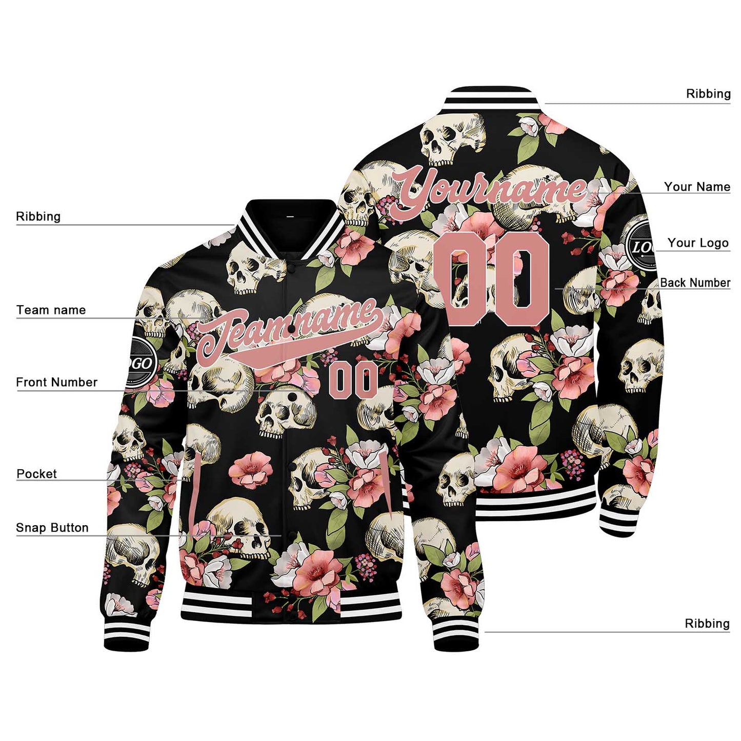 Benutzerdefinierte Pfirsichblüte Varsity-Jacke. Letterman-Jacke für Männer, Frauen und Jugendliche