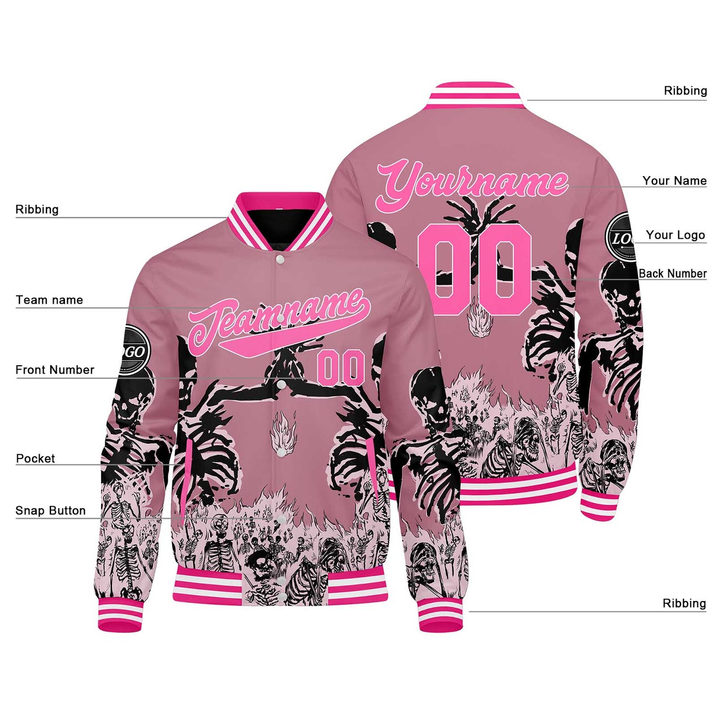 Benutzerdefinierte Rosa Varsity-Jacke. Letterman-Jacke für Männer, Frauen und Jugendliche