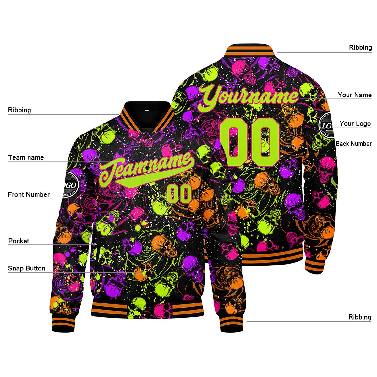 Benutzerdefinierte Orange Grün Varsity-Jacke. Letterman-Jacke für Männer, Frauen und Jugendliche