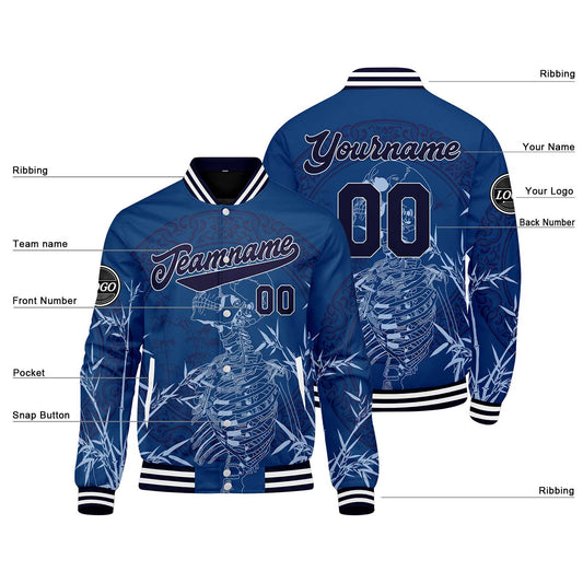 Benutzerdefinierte Blau Varsity-Jacke. Letterman-Jacke für Männer, Frauen und Jugendliche