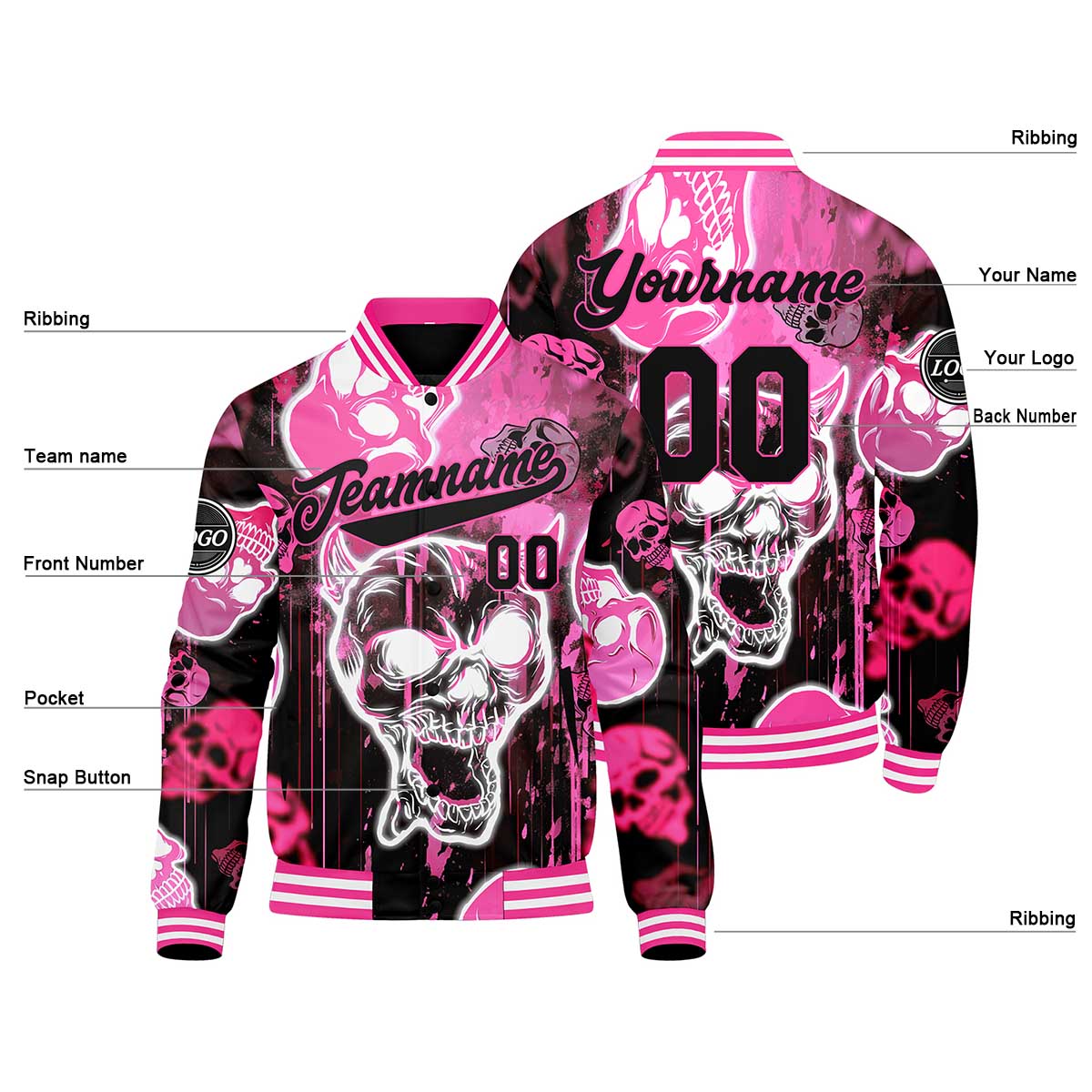 Benutzerdefinierte Rosa Varsity-Jacke. Letterman-Jacke für Männer, Frauen und Jugendliche
