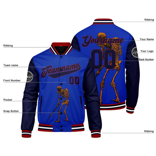 Benutzerdefinierte Blau Varsity-Jacke. Letterman-Jacke für Männer, Frauen und Jugendliche