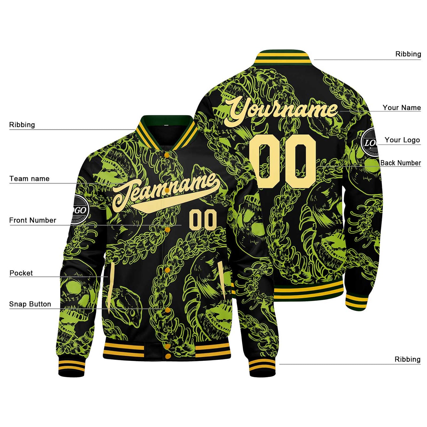 Benutzerdefinierte Gelb Grün Varsity-Jacke. Letterman-Jacke für Männer, Frauen und Jugendliche