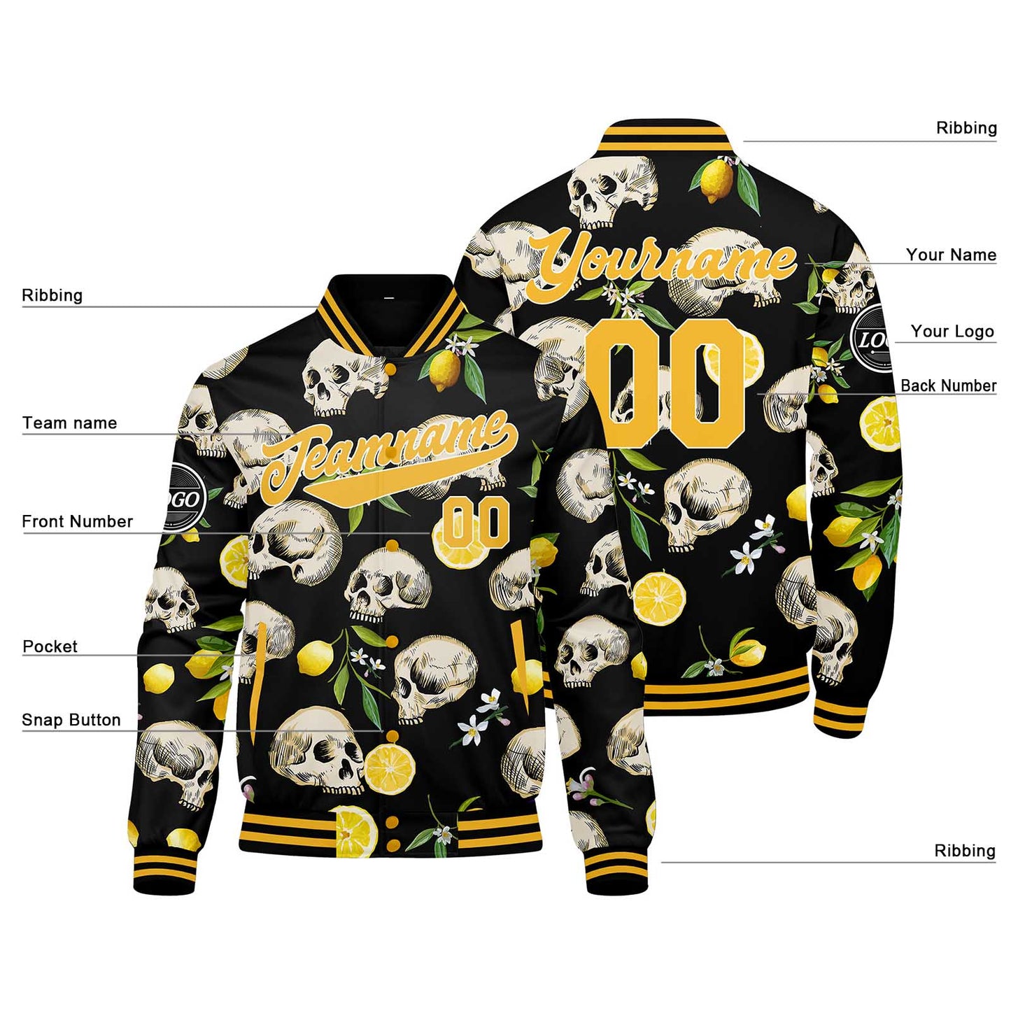 Benutzerdefinierte Zitrone Varsity-Jacke. Letterman-Jacke für Männer, Frauen und Jugendliche