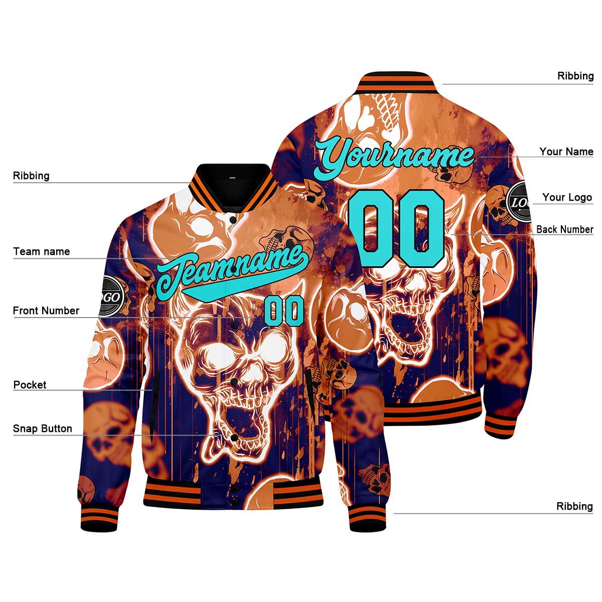 Benutzerdefinierte Orange Varsity-Jacke. Letterman-Jacke für Männer, Frauen und Jugendliche