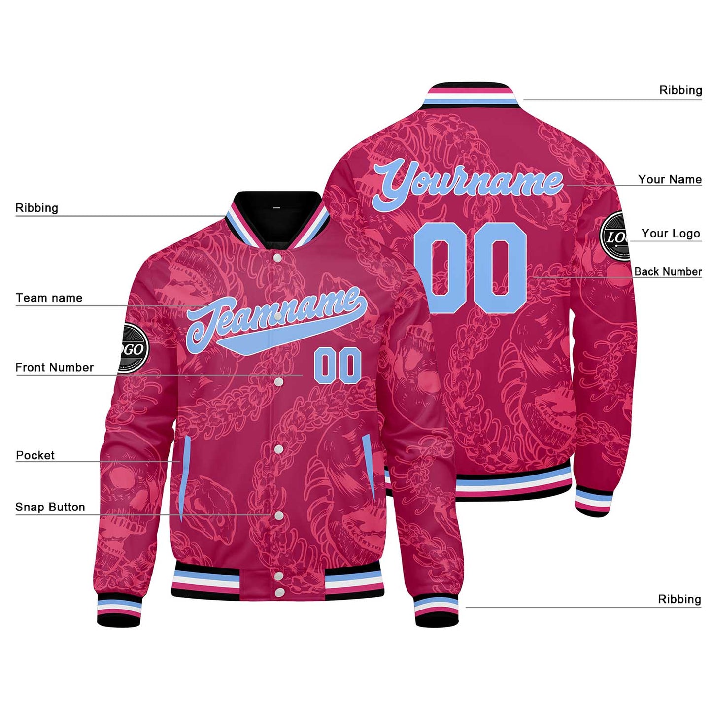 Benutzerdefinierte Rose Rot Varsity-Jacke. Letterman-Jacke für Männer, Frauen und Jugendliche