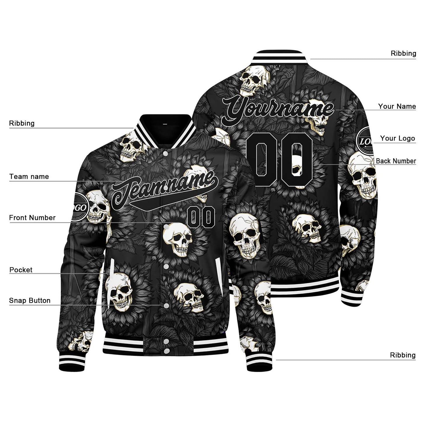 Benutzerdefinierte Schwarz Weiß Varsity-Jacke. Letterman-Jacke für Männer, Frauen und Jugendliche