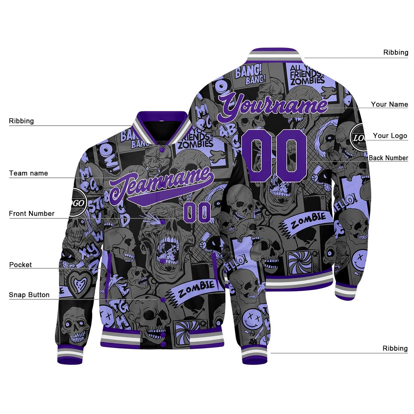 Benutzerdefinierte Lila Varsity-Jacke. Letterman-Jacke für Männer, Frauen und Jugendliche