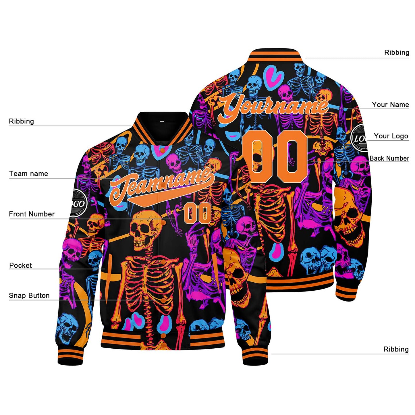 Benutzerdefinierte Orange Varsity-Jacke. Letterman-Jacke für Männer, Frauen und Jugendliche