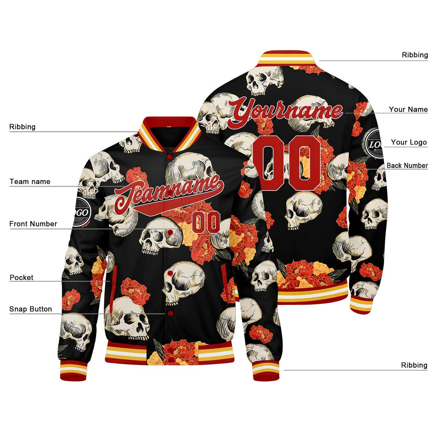 Benutzerdefinierte Peony Varsity-Jacke. Letterman-Jacke für Männer, Frauen und Jugendliche