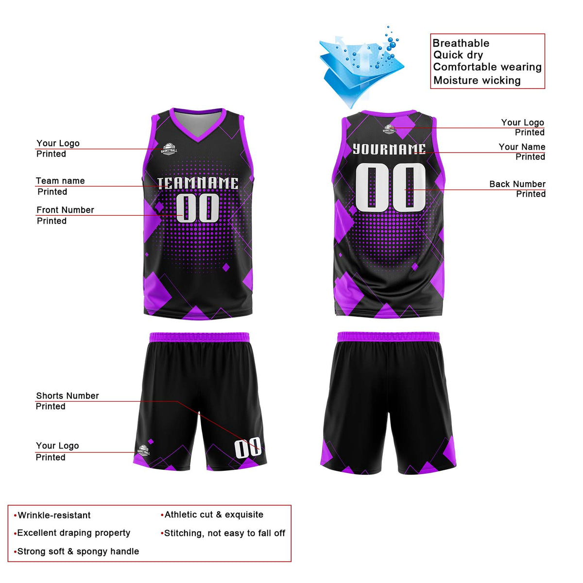 Benutzerdefinierte Lila Reversible Basketball Jersey Personalisierte Print Name Nummer Logo