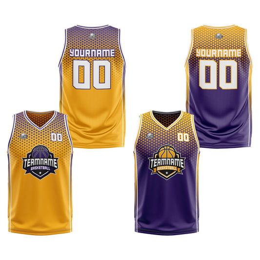 Benutzerdefinierte Gelb Lila Weiß Reversible Basketball Jersey Personalisierte Print Name Nummer Logo