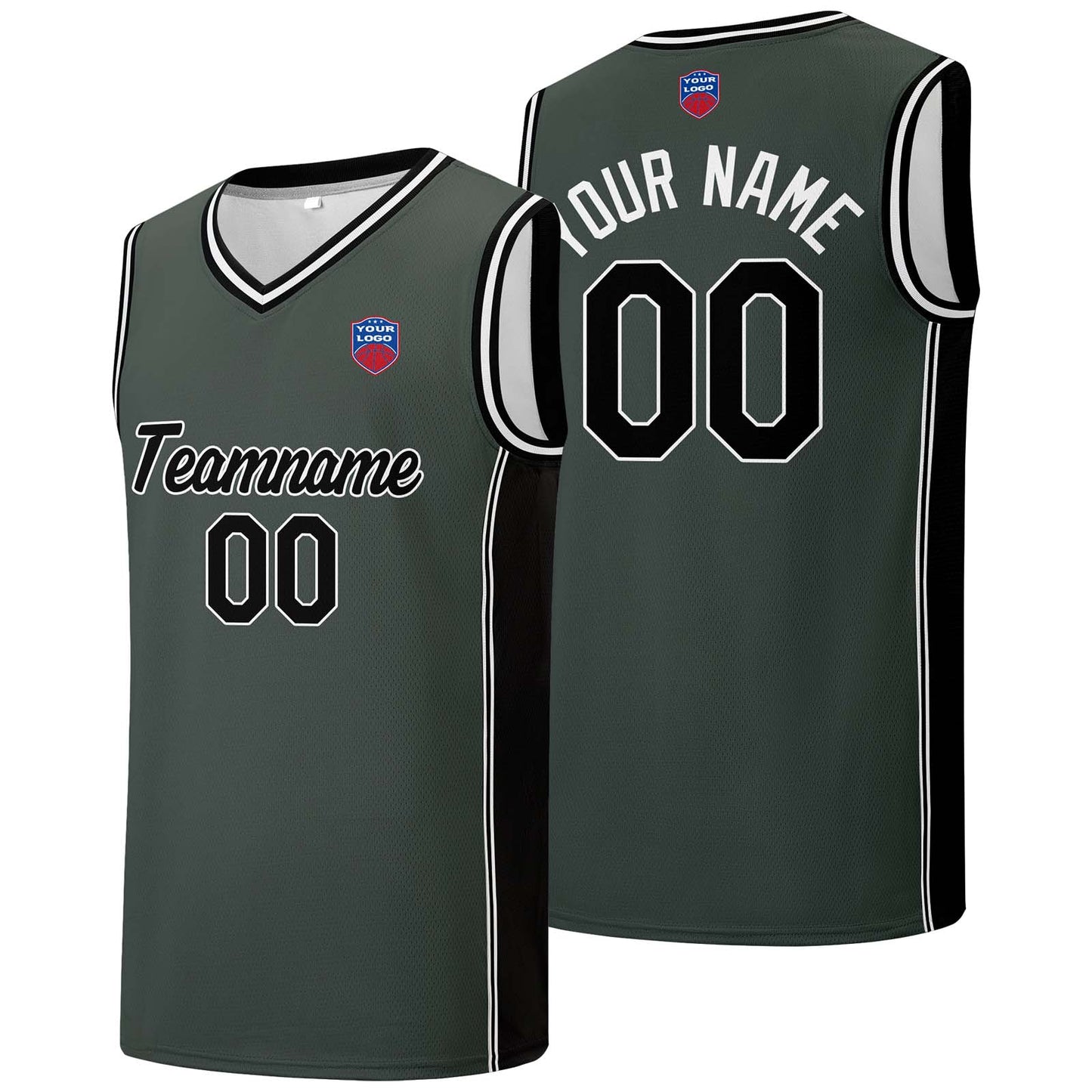 Individuelle Basketball-Jersey-Shorts für Männer und Frauen. Gestickter und gedruckter Name, Nummer und Logo Grau&Schwarz