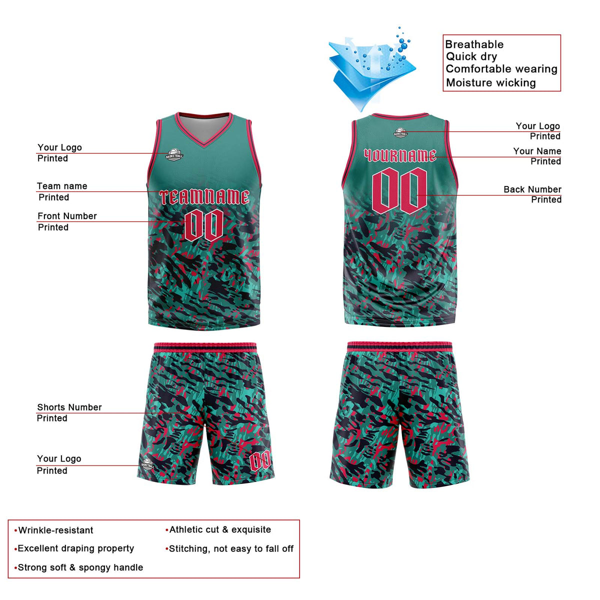 Benutzerdefinierte Grün Rot Reversible Basketball Jersey Personalisierte Print Name Nummer Logo