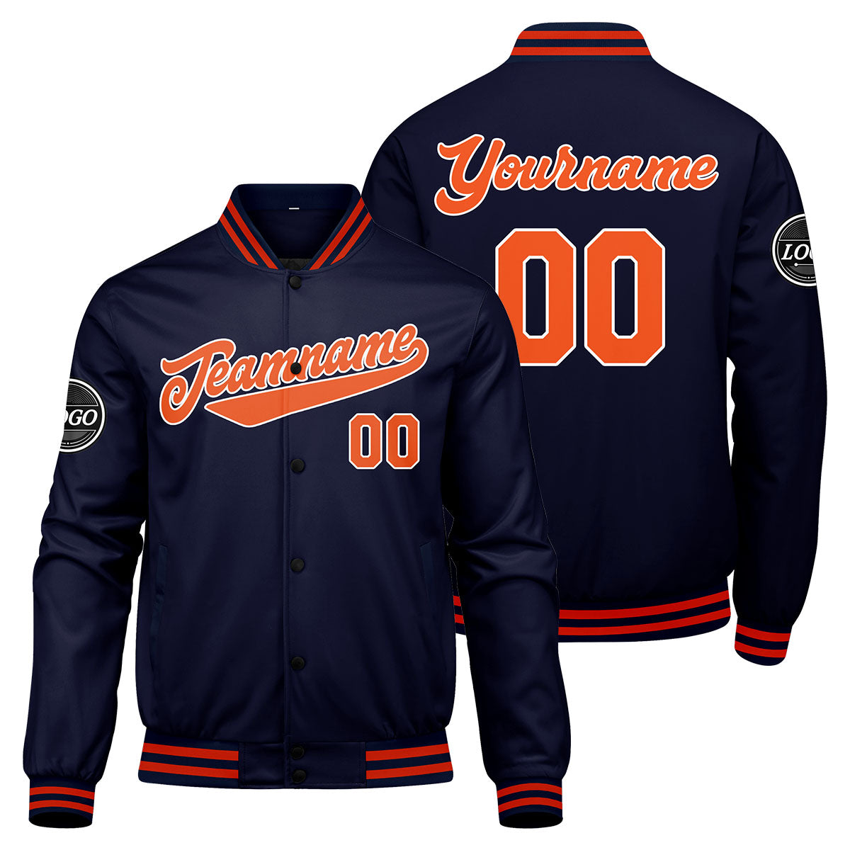 Benutzerdefinierte Verlauf Varsity-Jacke. Letterman-Jacke Marine Orange