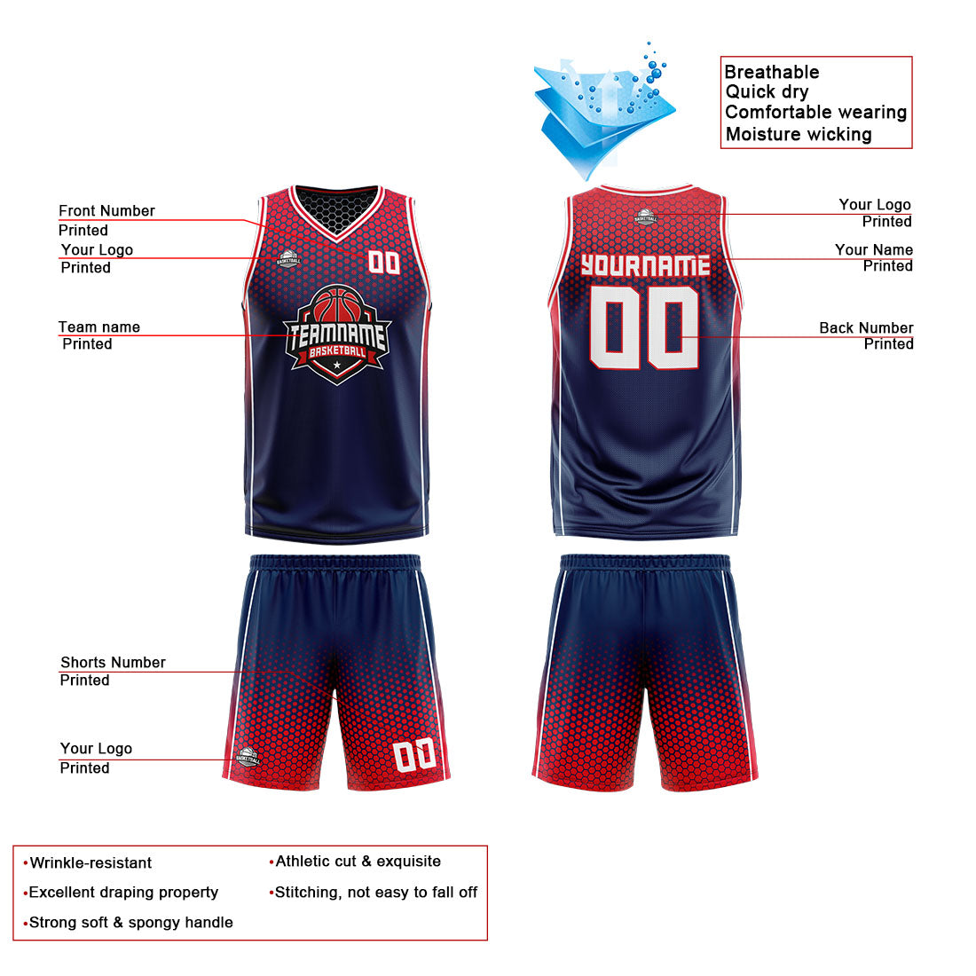 Benutzerdefinierte Marine Rot Weiß Reversible Basketball Jersey Personalisierte Print Name Nummer Logo